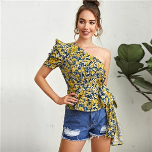 SHEIN Multicolor One Shoulder Puff Sleeve Belted Floral Top Peplum Blouse Women 2020 Summer Ladies Boho Tops and Blouses