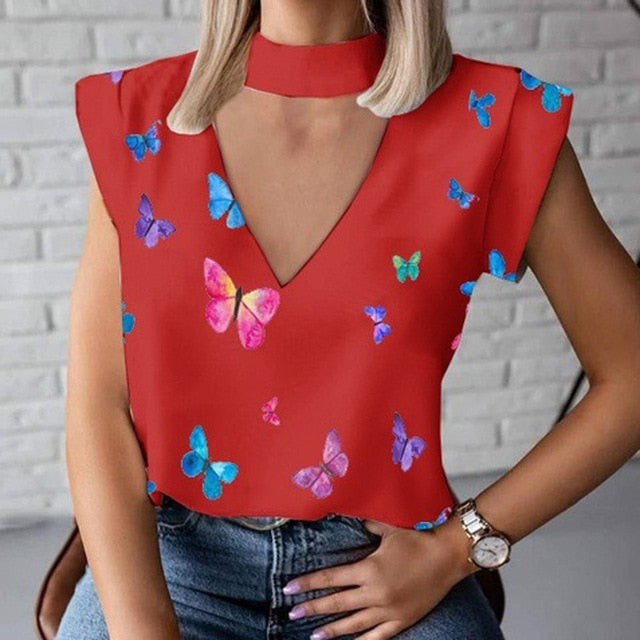 Elegant Red Lips Printed Shirts Blouse Women O Neck Short Sleeve Basic Tops Summer Casual Female Pullover Shirt Blusa Streetwear