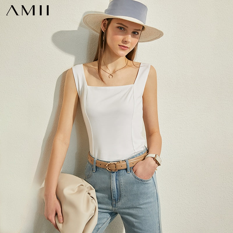 Solid Square Collar Women Tank Tops Causal Blouse