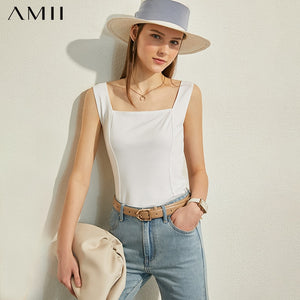 Solid Square Collar Women Tank Tops Causal Blouse