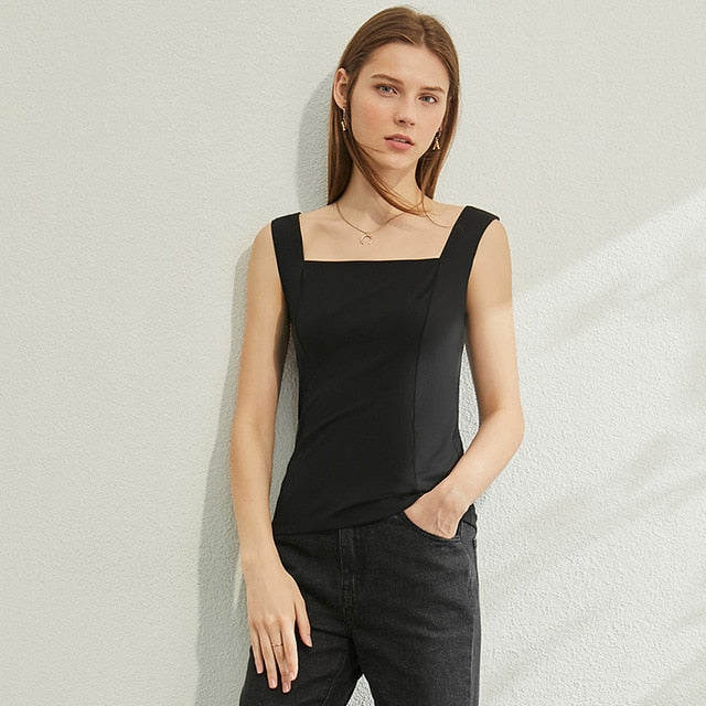 Solid Square Collar Women Tank Tops Causal Blouse