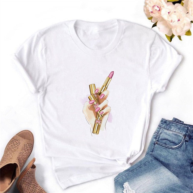 2020 Women T-shirt Eye Lashes Red Lips HEART Print Top Female Tshirt Fashion Casual Sleeve O Neck BASIC White Ladies Clothes
