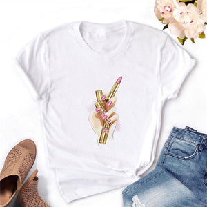 2020 Women T-shirt Eye Lashes Red Lips HEART Print Top Female Tshirt Fashion Casual Sleeve O Neck BASIC White Ladies Clothes