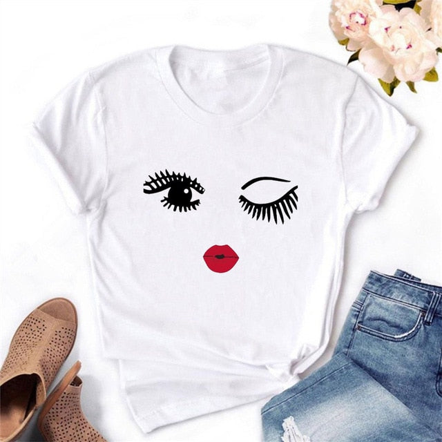 2020 Women T-shirt Eye Lashes Red Lips HEART Print Top Female Tshirt Fashion Casual Sleeve O Neck BASIC White Ladies Clothes