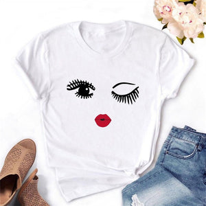 2020 Women T-shirt Eye Lashes Red Lips HEART Print Top Female Tshirt Fashion Casual Sleeve O Neck BASIC White Ladies Clothes