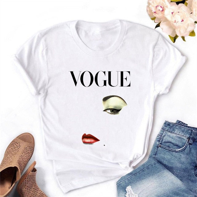 2020 Women T-shirt Eye Lashes Red Lips HEART Print Top Female Tshirt Fashion Casual Sleeve O Neck BASIC White Ladies Clothes