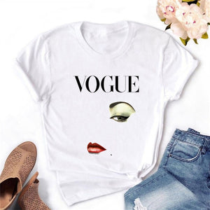 2020 Women T-shirt Eye Lashes Red Lips HEART Print Top Female Tshirt Fashion Casual Sleeve O Neck BASIC White Ladies Clothes
