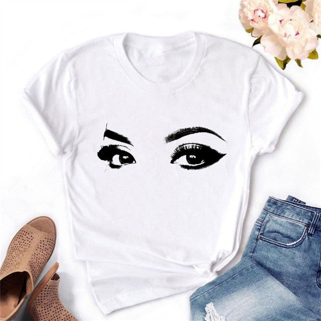 2020 Women T-shirt Eye Lashes Red Lips HEART Print Top Female Tshirt Fashion Casual Sleeve O Neck BASIC White Ladies Clothes