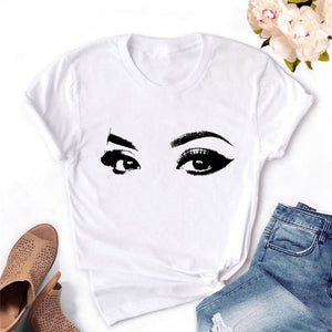 2020 Women T-shirt Eye Lashes Red Lips HEART Print Top Female Tshirt Fashion Casual Sleeve O Neck BASIC White Ladies Clothes