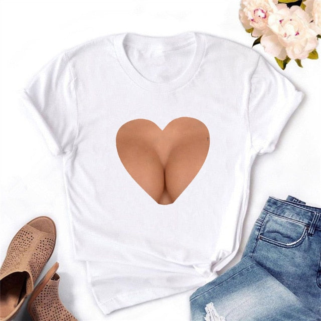 2020 Women T-shirt Eye Lashes Red Lips HEART Print Top Female Tshirt Fashion Casual Sleeve O Neck BASIC White Ladies Clothes