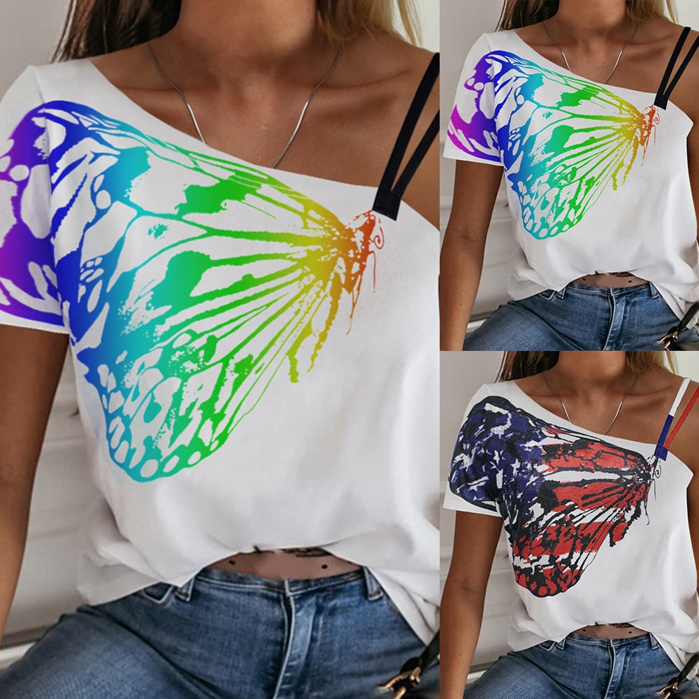Ladies One Shoulder Short Sleeve Printed T Shirt Tee Women Summer Half Sleeveless Top Blouse Shirts For Female vestido mujer D30