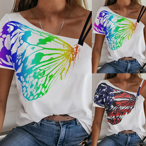 Ladies One Shoulder Short Sleeve Printed T Shirt Tee Women Summer Half Sleeveless Top Blouse Shirts For Female vestido mujer D30