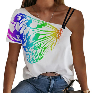 Ladies One Shoulder Short Sleeve Printed T Shirt Tee Women Summer Half Sleeveless Top Blouse Shirts For Female vestido mujer D30