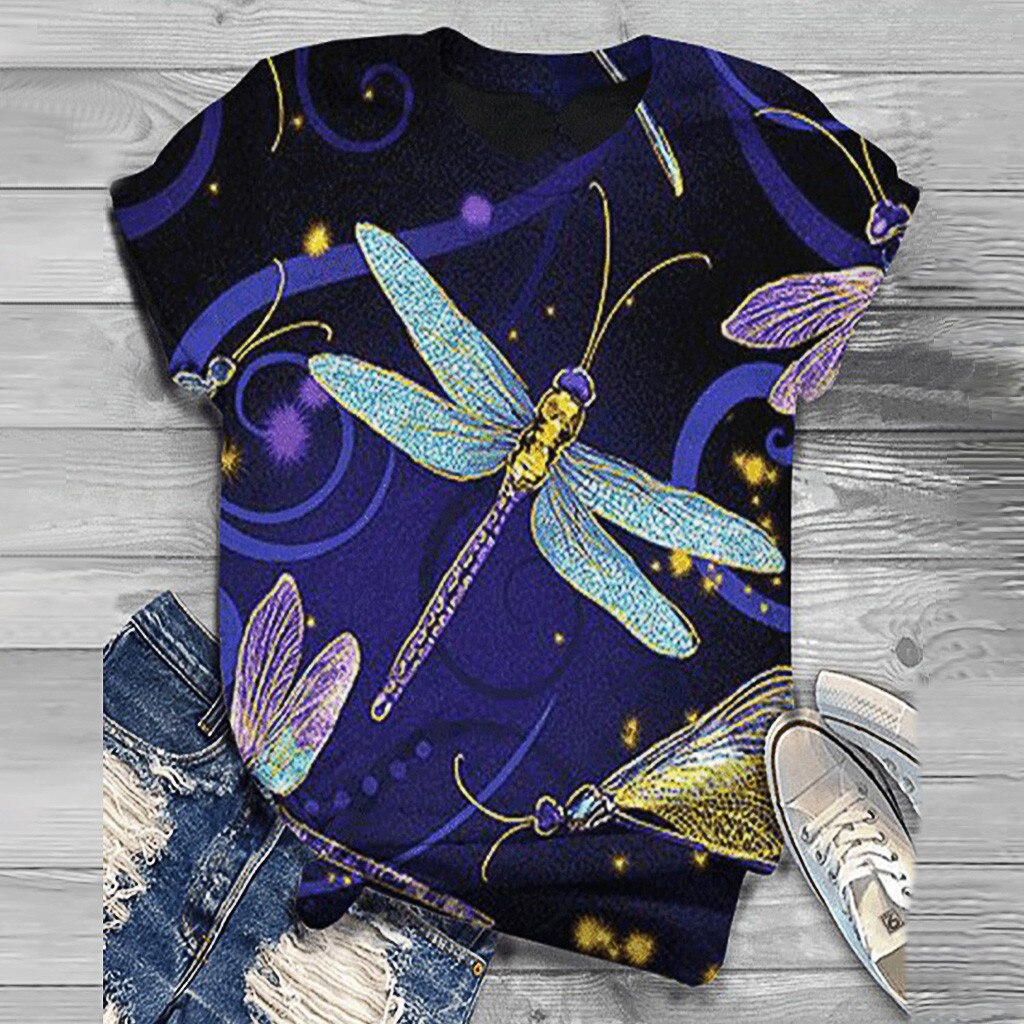 Women Tees Short-Sleeve O-Neck 3D Animal Dragonfly Printed Tops Tee