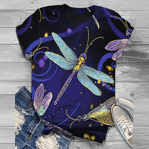Women Tees Short-Sleeve O-Neck 3D Animal Dragonfly Printed Tops Tee