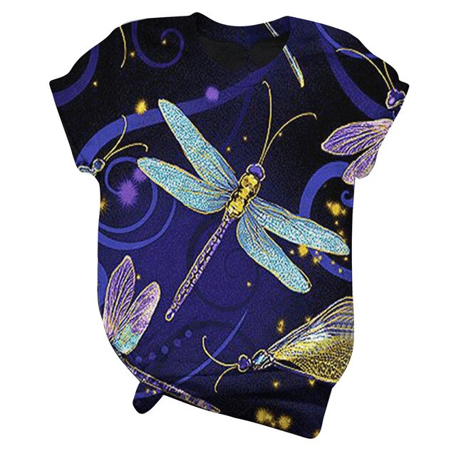 Women Tees Short-Sleeve O-Neck 3D Animal Dragonfly Printed Tops Tee