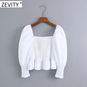 Zevity New women elegant square collar elastic poplin smock blouse ladies puff sleeve slim white shirts chic cropped tops LS7033