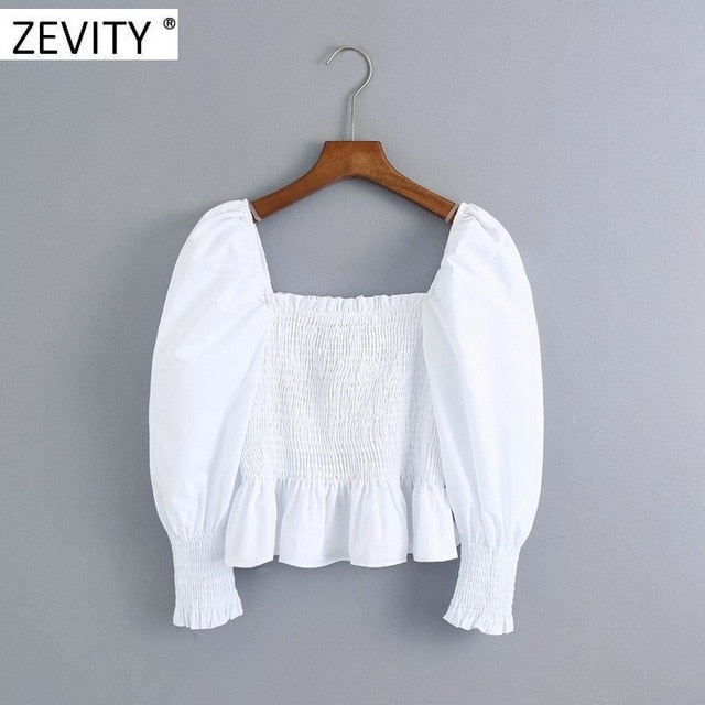Zevity New women elegant square collar elastic poplin smock blouse ladies puff sleeve slim white shirts chic cropped tops LS7033