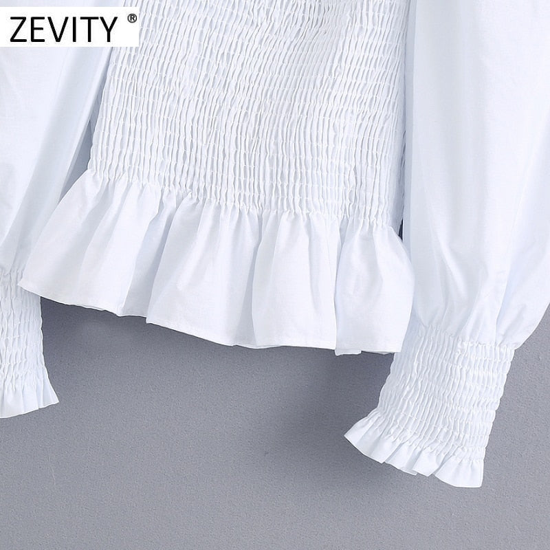 Zevity New women elegant square collar elastic poplin smock blouse ladies puff sleeve slim white shirts chic cropped tops LS7033
