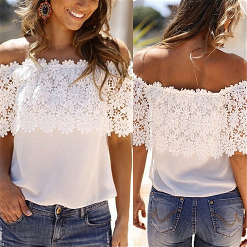 Hot Fashion Women Summer Lace Crochet Chiffon Shirt Off Shoulder T Shirt Casual Tops