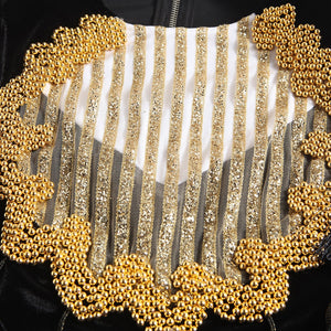 Long Sleeve Velvet Patchowork Luxurious Beading Tassel Sequined Crop Top