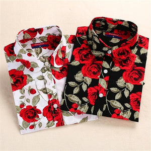 Floral Print Turn-Down Collar Long Sleeve Blouse