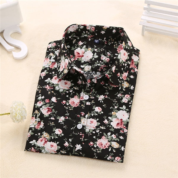 Floral Print Turn-Down Collar Long Sleeve Blouse