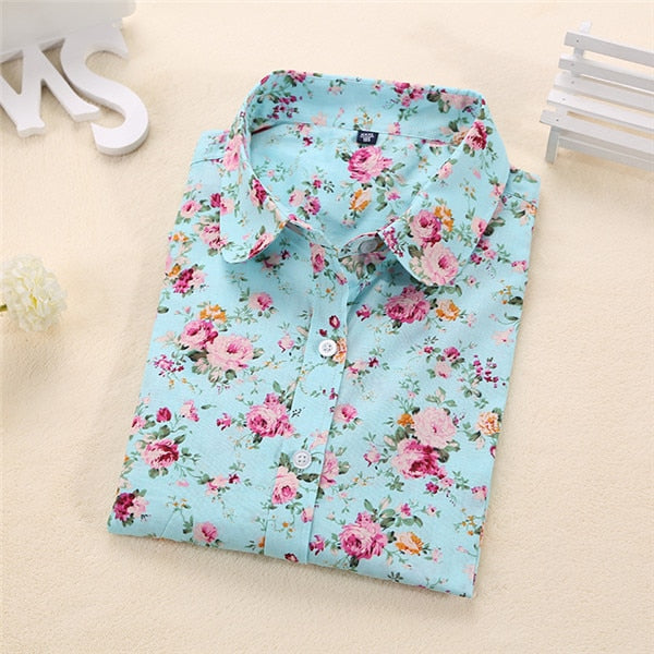 Floral Print Turn-Down Collar Long Sleeve Blouse
