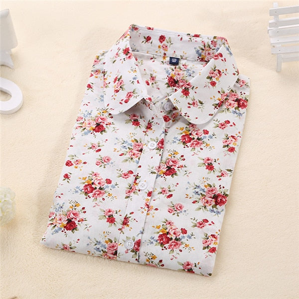 Floral Print Turn-Down Collar Long Sleeve Blouse